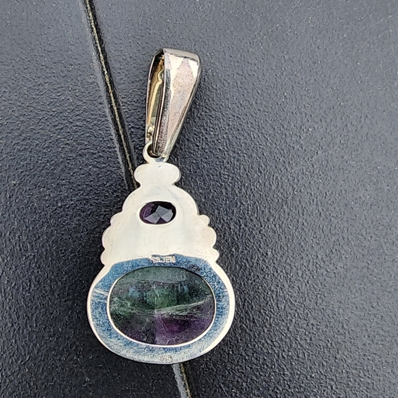 Sterling silver Sajen drop pendant amethyst fluorite cabachon jade green jewelry - Picture 5 of 6